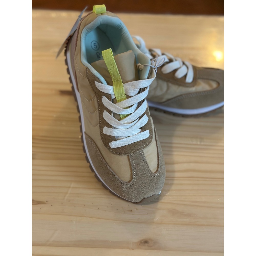 Cat & Jack Kids Jogger Sneakers Tan Brown Neon Yellow Lace Up Shoes Size 5 NEW